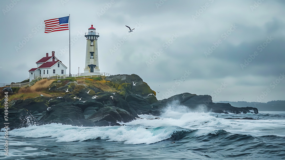 Wall mural An iconic American flag fluttering proudly atop a weathered lighthouse by the rocky coastline