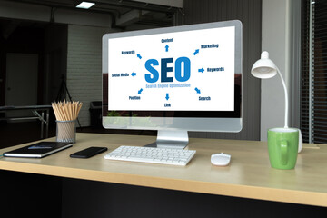 SEO search engine optimization for modish e-commerce and online retail business showing on computer...