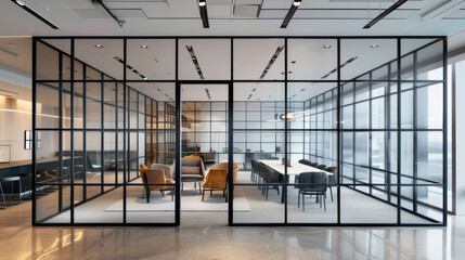 Modern Office with Glass Partitions, office with glass walls. Minimalist design 