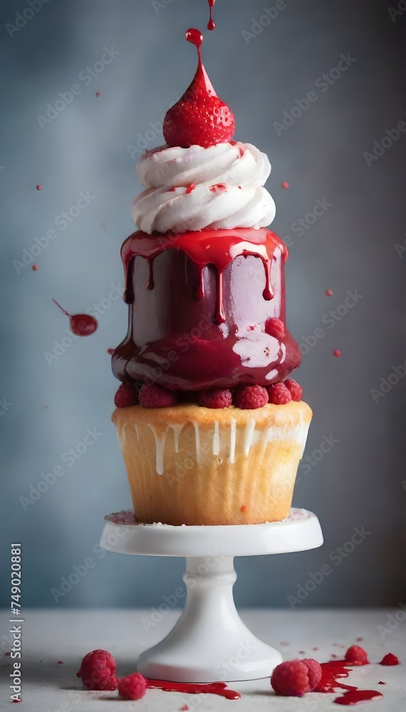 Poster a dynamic splash of blue and pink icing adds a playful touch to the chocolate cupcake, creating a fe