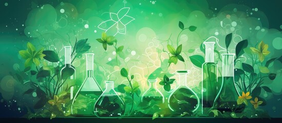 Various bottles containing plant samples are arranged alongside green plants on a vibrant green background. The scene conveys a combination of biology lab science and nature elements, showcasing the