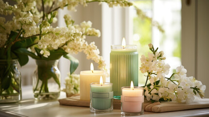 Fototapeta na wymiar A display of scented candles in spring-inspired fragrances, arranged with botanical elements and soft lighting