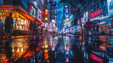 Fototapeta na wymiar Rain-Soaked City Street Aglow with Neon Reflections - Generative AI