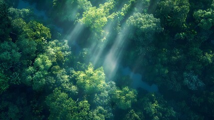 Sunbeams Piercing Through the Verdant Canopy of a Rainforest - Generative AI