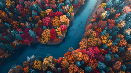 Meandering River Through a Vibrant Autumn Forest from Above - Generative AI