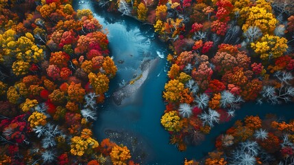 Fototapeta na wymiar Aerial Autumn Splendor of a River Surrounded by Colorful Trees - Generative AI
