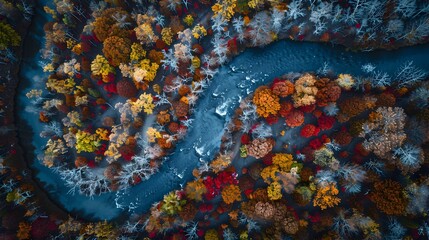 Aerial View of a River Winding Through Autumn Forest - Generative AI