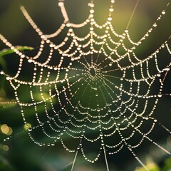 Morning Dew on Spiderweb with Sunlight Backdrop - Generative AI