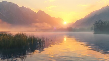 Tranquil Dawn Over Misty Mountain Lake - Generative AI - obrazy, fototapety, plakaty