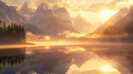 Majestic Mountain Lake Sunrise with Mist and Reflection - Generative AI