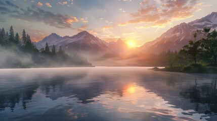 Fototapeta na wymiar Serene Lake Sunrise with Misty Mountains in the Background - Generative AI