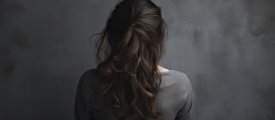 A woman with long hair is standing in front of a grey wall, tilting her head back and resting it on her hand. She appears thoughtful and contemplative. - Powered by Adobe