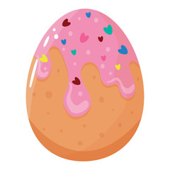 design of easter chicken egg decorated with easter cupcake with pink frosting and colored sprinkles in the shape of hearts, design element, banner or poster