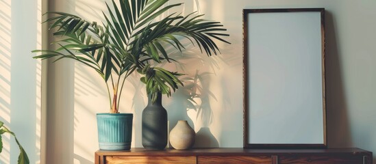 A green potted plant is placed on top of a brown wooden dresser, adding a touch of nature to the indoor space. The setting gives a sense of simplicity and elegance.