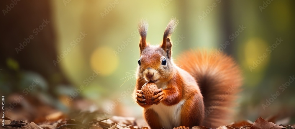 Poster a squirrel is shown in a forest, holding and eating a nut. the background is blurred with a shallow 