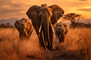 Fototapeta na wymiar Stunning Spectacle of Africa's Wild - Herd of Elephants, Family of Lions and Flock of Flamingos