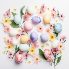 Fototapeta na wymiar colored eggs and leaves on white background