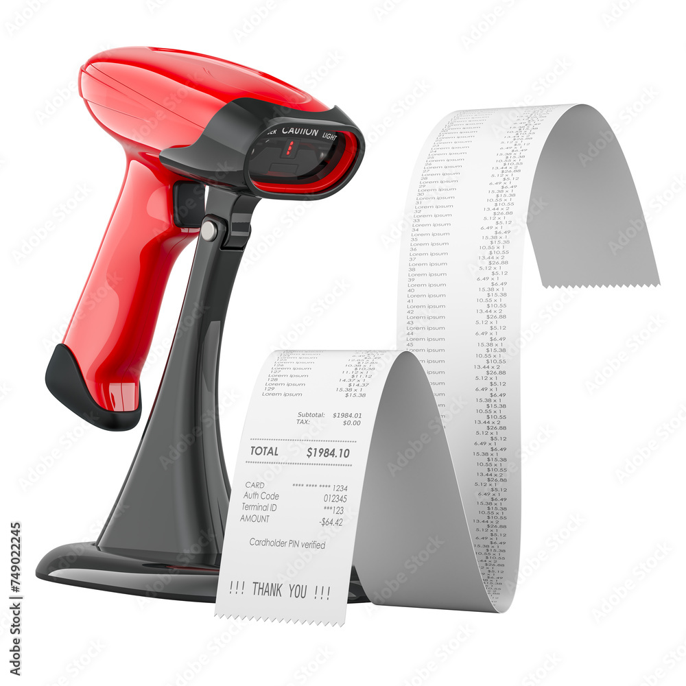 Poster bar code reader with printed receipt. 3d rendering isolated on transparent background
