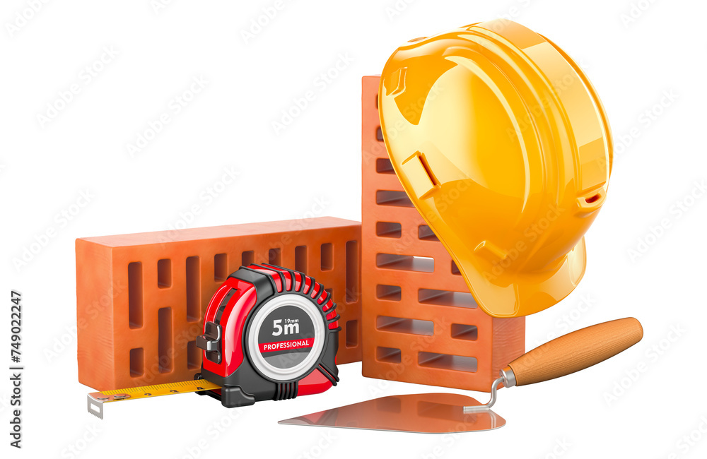 Poster bricks with masonry trowel, hard hat and tape measure. construction concept. 3d rendering isolated o