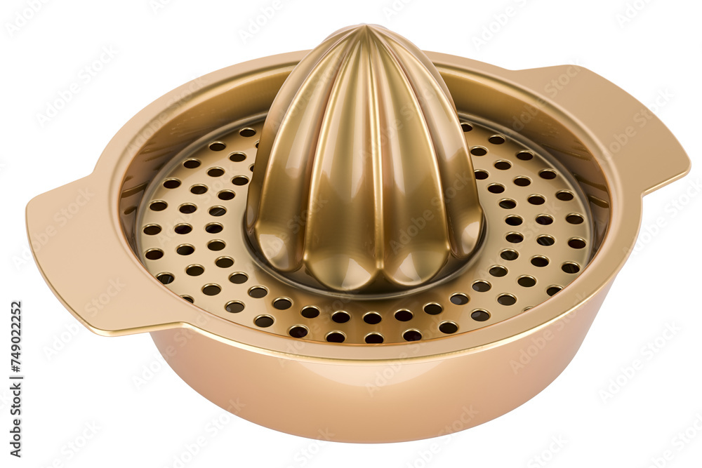 Poster citrus juicer manual squeezer, golden. 3d rendering isolated on transparent background