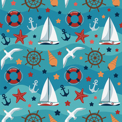 Nautical seamless pattern marine objects on teal blue background. Summer repeat design nautical motifs - sea gull, sailing boat, starfish, life buoy, anchor, helm. Ocean waves turquoise backdrop.