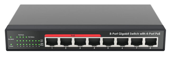 8 Port Gigabit Switch with 4 port PoE. 3D rendering isolated on transparent background - obrazy, fototapety, plakaty