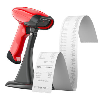 Bar code reader with printed receipt. 3D rendering isolated on transparent background