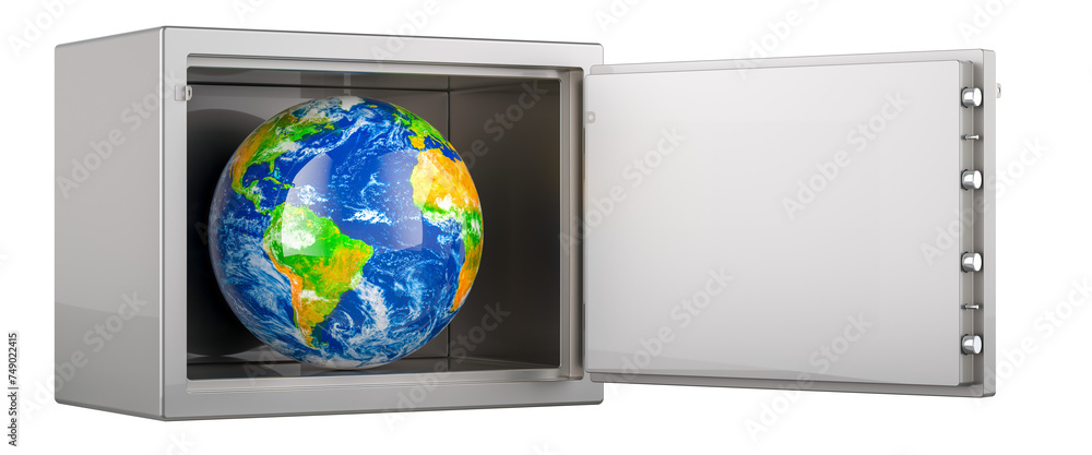 Poster safe box with earth globe. security and protection concept, 3d rendering isolated on transparent bac
