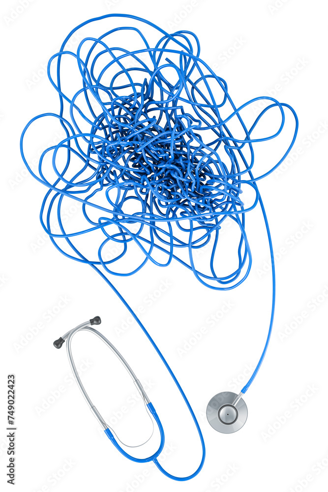 Poster stethoscope tangled knot, 3d rendering isolated on transparent background