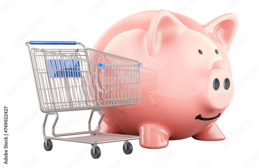Poster shopping cart with piggy bank. 3d rendering isolated on transparent background