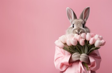 Obraz premium pink tulips in the shape of a bunny bouquet