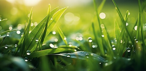 Fototapeta premium grass covered in water drops on the ground at sunrise