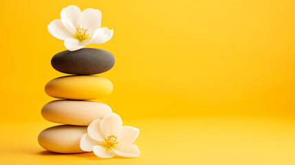 stack of colorful zen stones with flowers soft yellow background