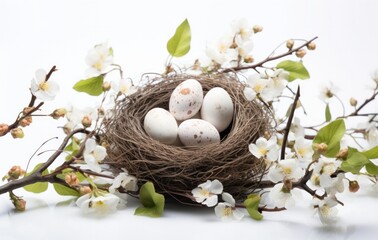 easter eggs and branches in empty nest on white background