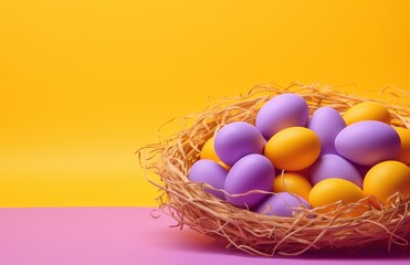 eggs in basket on yellow background