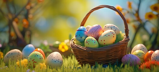colorful easter eggs in a basket in the spring sun