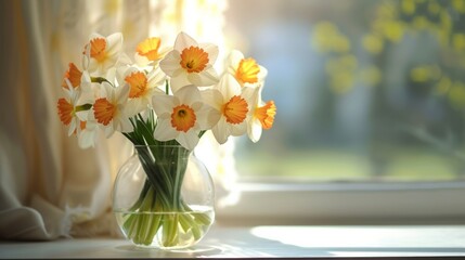 Bouquet of Daffodils in a glass vase on a minimalistic bright background