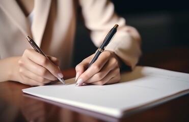 female hand writing notes at the desk with pencil