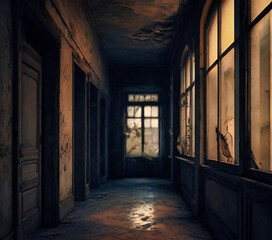 dark corridor with old windows in abandoned building. Halloween, horror concept. Haunted corridor