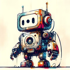 Minimalist painting of sci-fi cute robot ,  pen and ink sketch.
