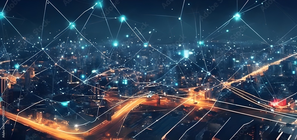 Poster a cityscape with sensors and data lines, representing the concept of a smart city powered by interco