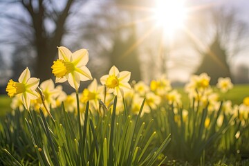 Obraz premium Daffodils in spring backlit by sun. AI Generated