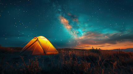 Una tienda de campaña iluminada en el campo con estrellas  - obrazy, fototapety, plakaty