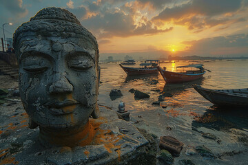 puesta de sol sobre una piedra de Buda y barcos de pesca, al estilo de paisajes urbanos cautivadores, esculturas gigantes de dinero - obrazy, fototapety, plakaty