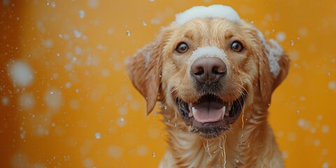 Cute Labrador dog is sitting with bubbles and bath towel on a yellow background. Pets concept
