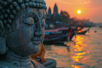 puesta de sol sobre una piedra de Buda y barcos de pesca, al estilo de paisajes urbanos cautivadores, esculturas gigantes de dinero - obrazy, fototapety, plakaty