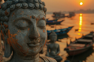 puesta de sol sobre una piedra de Buda y barcos de pesca, al estilo de paisajes urbanos cautivadores, esculturas gigantes de dinero