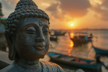 puesta de sol sobre una piedra de Buda y barcos de pesca, al estilo de paisajes urbanos cautivadores, esculturas gigantes de dinero