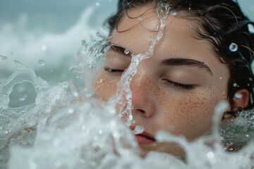 Mujer con los ojos cerrados nadando en el agua en la playa. - obrazy, fototapety, plakaty