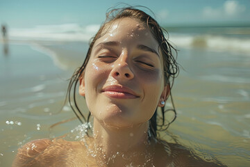 Mujer con los ojos cerrados nadando en el agua en la playa. - obrazy, fototapety, plakaty